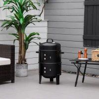 3-in-1 Vertical Charcoal BBQ Smoker Grill With 2 Cooking Areas And Thermometer (Option: Black)